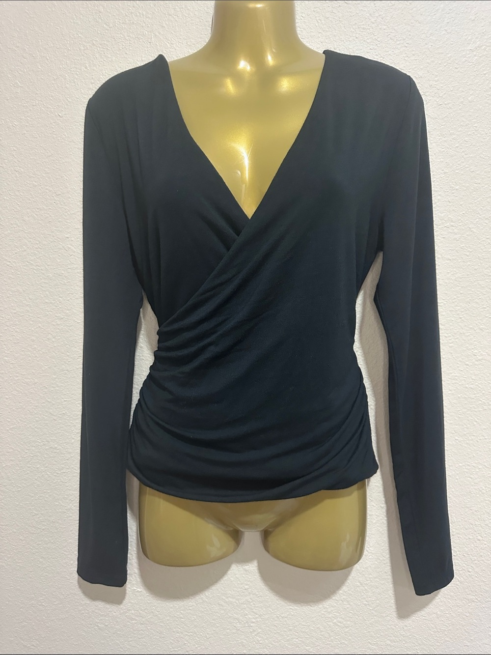 J. CREW Black Long-Sleeve Wrap Front Women’s Top w/Plaid Tie, Size M